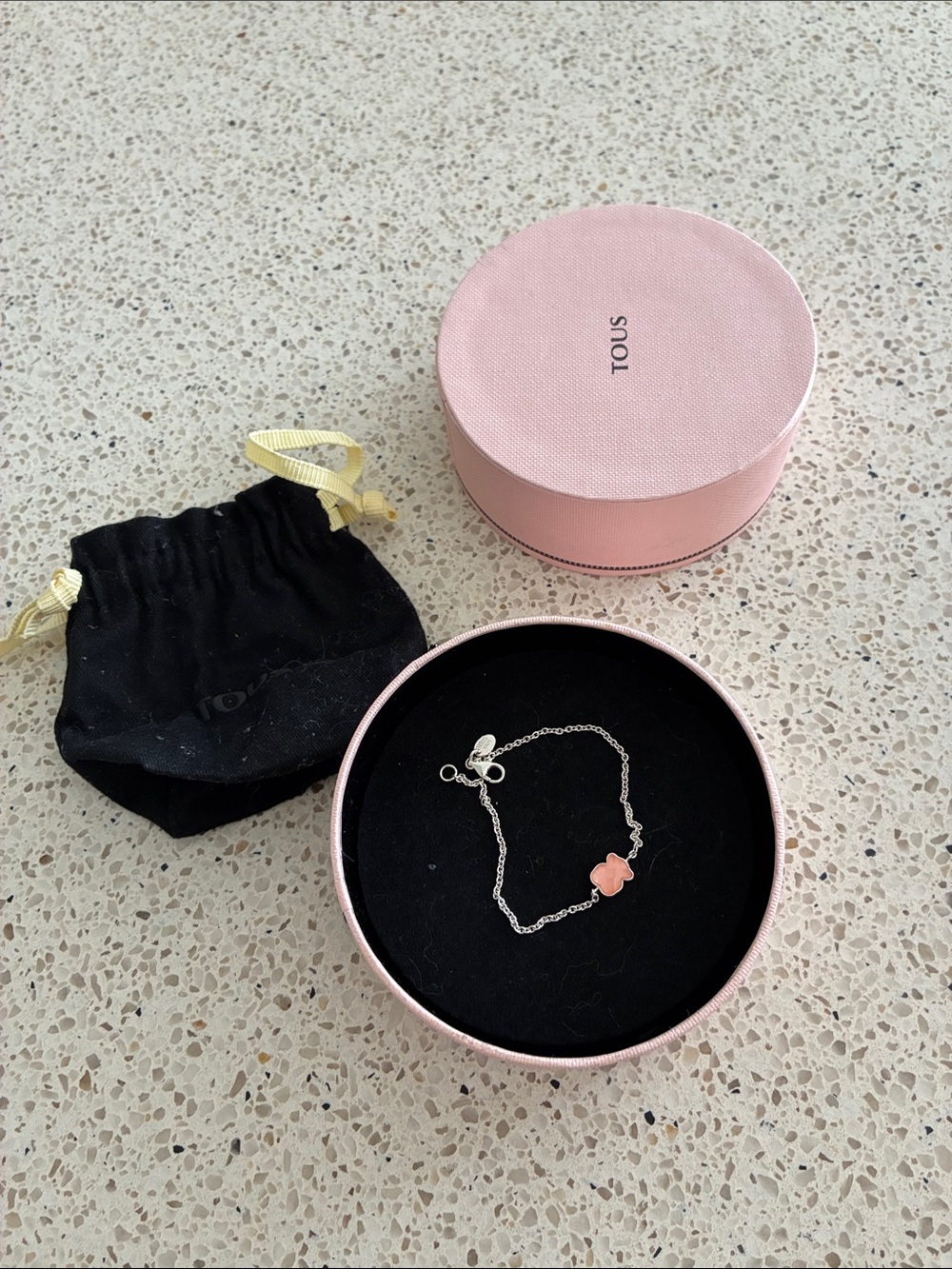 TOUS Silver Chain Bracelet with Pink Bear Charm and Pink Box